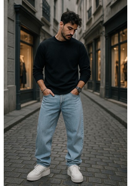 Baggy Buz Mavi Renk Rahat Kesim Erkek Jeans Pantolon