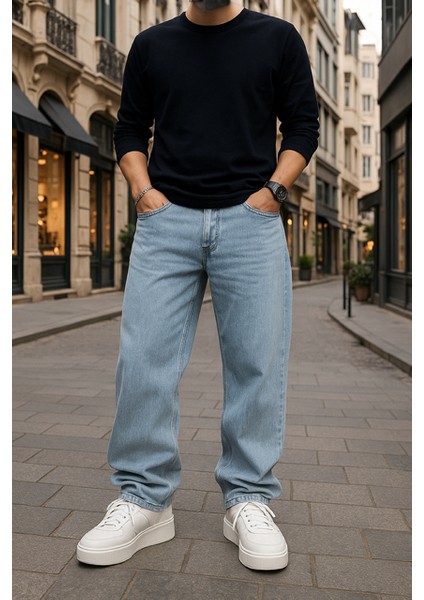 Baggy Buz Mavi Renk Rahat Kesim Erkek Jeans Pantolon fiyatları