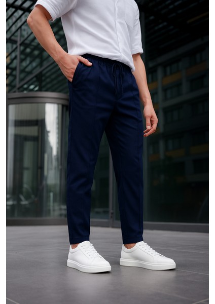 Erkek Lacivert Renk Esnek Likralı Fermuar Detaylı Jogger Pantolon