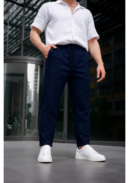 Erkek Lacivert Renk Esnek Likralı Fermuar Detaylı Jogger Pantolon fiyatları