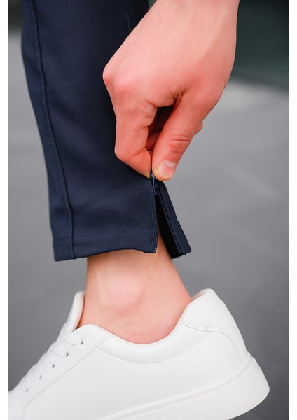 Erkek Lacivert Renk Esnek Likralı Fermuar Detaylı Jogger Pantolon fırsatları