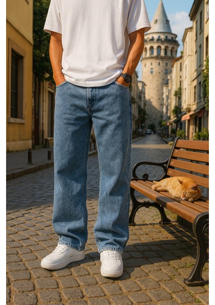 Baggy Mavi Renk Rahat Kesim Erkek Jeans Pantolon