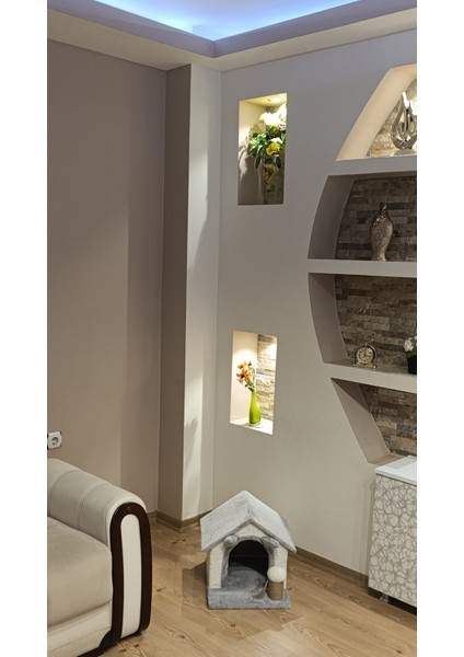 Deluxe Kedi Evi Kulak Figürlü Oyun Evi Tırmalama Pufu Ahşap Gövde Havlu Kaplama indirimleri