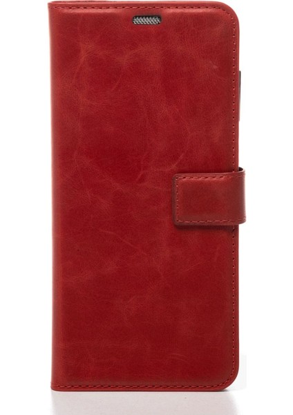 Kırmızı Realme 10 Hakiki Deri Cüzdan Kılıf Kapaklı Mıknatıslı Kartlık Bölmeli Cüzdanlı Stand Özellikli