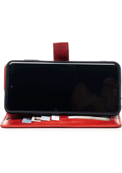 Kırmızı Xiaomi 12T Pro Hakiki Deri Cüzdan Kılıf Kapaklı Mıknatıslı Kartlık Bölmeli Cüzdanlı Stand Özellikli