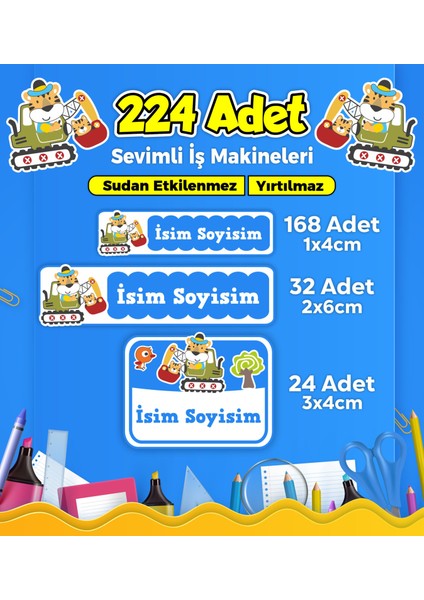 Iş Makineleri Temalı Okul Kreş Kişiye Özel Isim Etiket Seti - Model 255