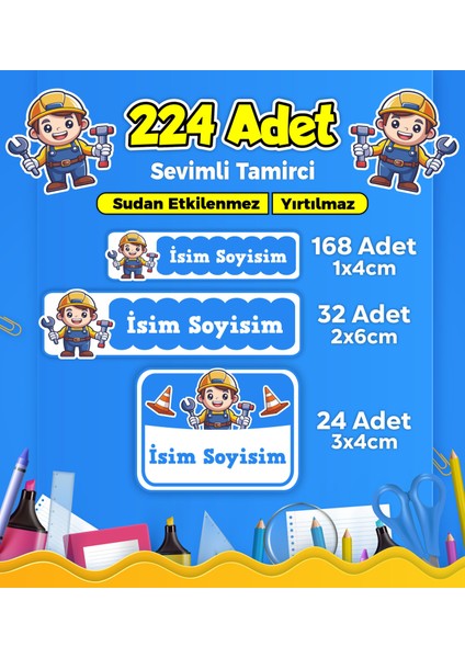 Sevimli Tamirci Usta Temalı Okul Kreş Kişiye Özel Isim Etiket Seti - Model 253