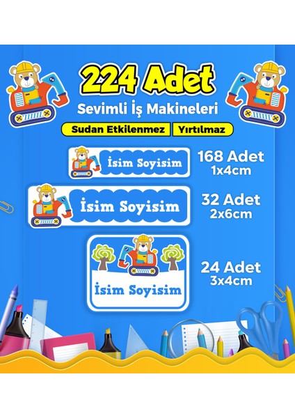 Iş Makineleri Temalı Okul Kreş Kişiye Özel Isim Etiket Seti - Model 258
