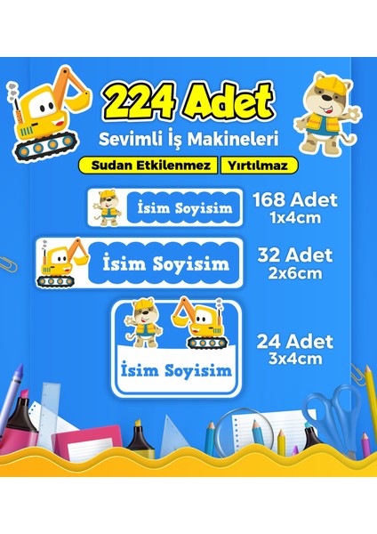 Iş Makineleri Temalı Okul Kreş Kişiye Özel Isim Etiket Seti - Model 256