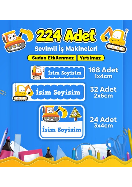 Iş Makineleri Temalı Okul Kreş Kişiye Özel Isim Etiket Seti - Model 259