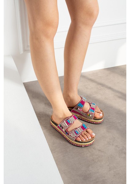 Shoete More Kadın Terli Dolgu Tabanlı Full Taşlı Fuşya