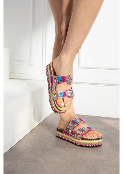 Shoete More Kadın Terli Dolgu Tabanlı Full Taşlı Fuşya fiyatları