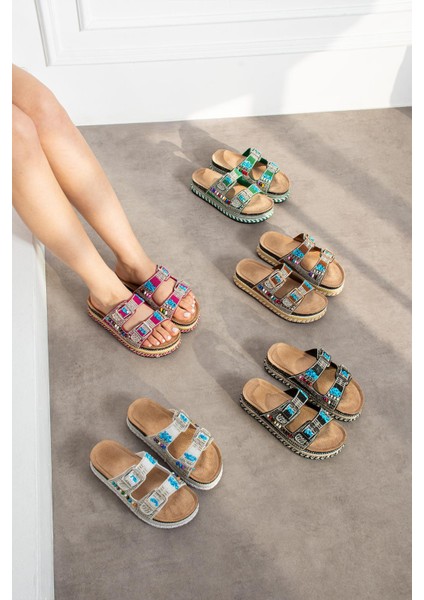 Shoete More Kadın Terli Dolgu Tabanlı Full Taşlı Fuşya modelleri