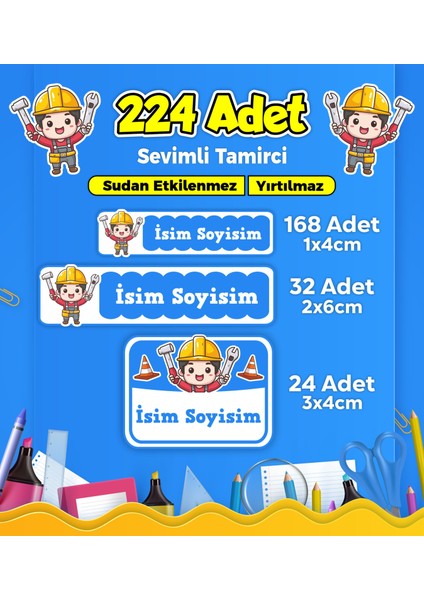 Sevimli Tamirci Usta Temalı Okul Kreş Kişiye Özel Isim Etiket Seti - Model 254