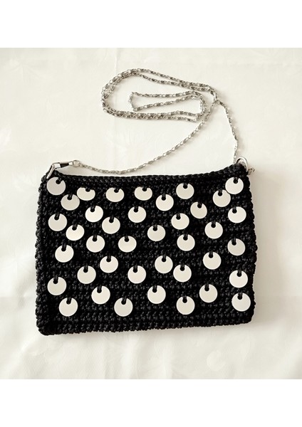 Pullu Tığ Işi Siyah Gümüş Payet Gece Çantası Zincir Askılı Çanta