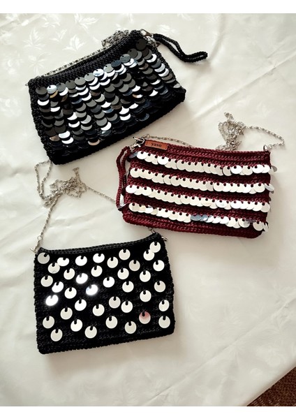 Pullu Tığ Işi Siyah Gümüş Payet Gece Çantası Zincir Askılı Çanta fiyatları