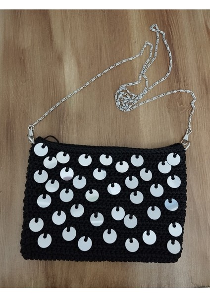 Pullu Tığ Işi Siyah Gümüş Payet Gece Çantası Zincir Askılı Çanta modelleri