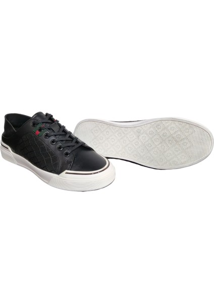Siyah Deri Fileli Erkek Sneakers