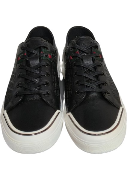 Siyah Deri Fileli Erkek Sneakers