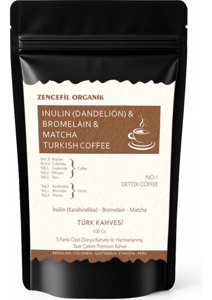 Inülin ve Bromelain Coffee Türk Kahvesi 100 Gr. Karahindiba & Bromelain & Matcha Kahvesi
