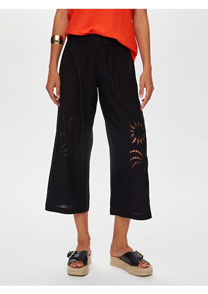 Resort Delik Işi Nakış Detaylı Viskon Keten Wide Leg Fit Pantolon S25PNT046