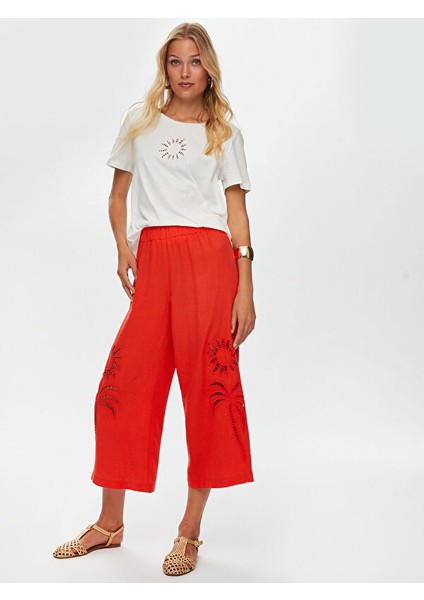 Resort Delik Işi Nakış Detaylı Viskon Keten Wide Leg Fit Pantolon S25PNT046