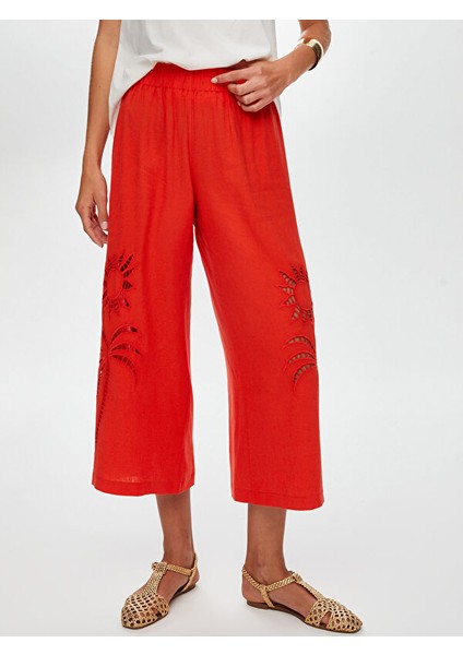 Resort Delik Işi Nakış Detaylı Viskon Keten Wide Leg Fit Pantolon S25PNT046