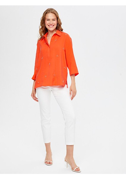 Yarım Patlı Taş Detaylı 3/4 Kol Modallı Bluz S25BLZ013