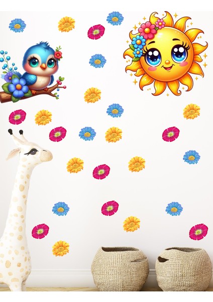 Çocuk Odası Güneş, Çiçekler ve Sevimli Kuş Ahşap, Cam, Duvar Sticker
