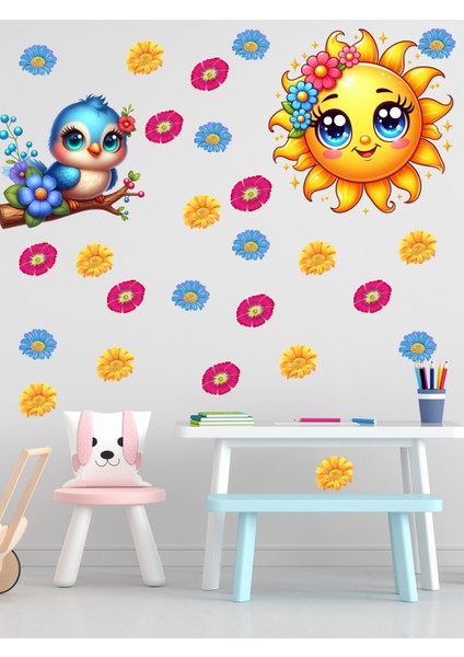 Çocuk Odası Güneş, Çiçekler ve Sevimli Kuş Ahşap, Cam, Duvar Sticker fiyatları