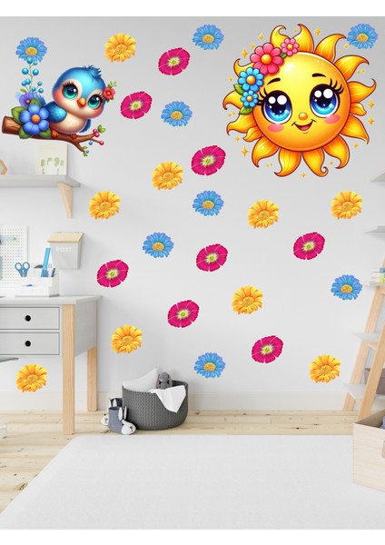 Çocuk Odası Güneş, Çiçekler ve Sevimli Kuş Ahşap, Cam, Duvar Sticker modelleri