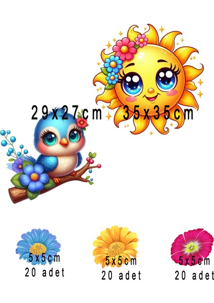 Çocuk Odası Güneş, Çiçekler ve Sevimli Kuş Ahşap, Cam, Duvar Sticker fırsatları