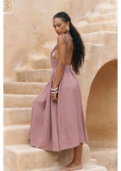 Eara Askılı Açık Bordo Uzun Keten Elbise