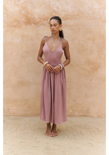 Eara Askılı Açık Bordo Uzun Keten Elbise fiyatları