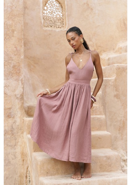 Eara Askılı Açık Bordo Uzun Keten Elbise modelleri