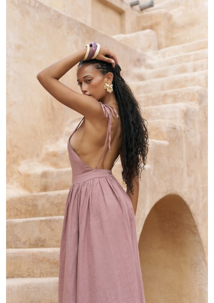 Eara Askılı Açık Bordo Uzun Keten Elbise fırsatları