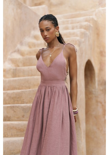 Eara Askılı Açık Bordo Uzun Keten Elbise indirimleri