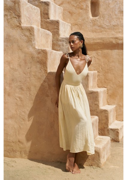 Eara Askılı Sarı Uzun Keten Elbise