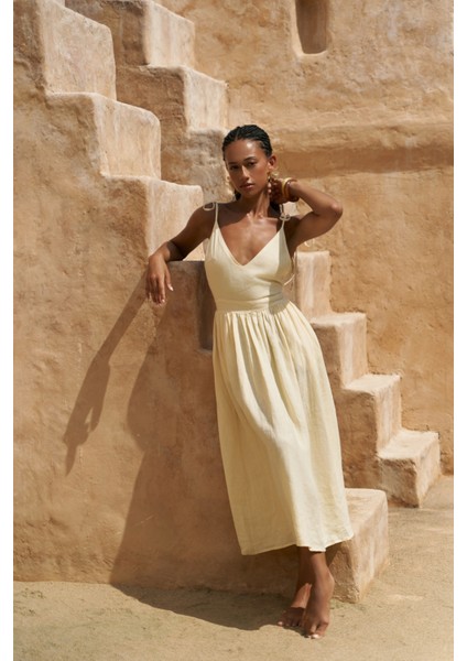 Eara Askılı Sarı Uzun Keten Elbise fiyatları