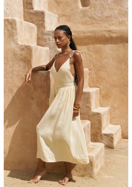 Eara Askılı Sarı Uzun Keten Elbise modelleri