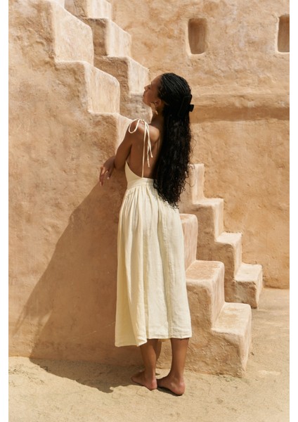 Eara Askılı Sarı Uzun Keten Elbise fırsatları