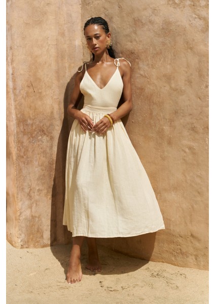 Eara Askılı Sarı Uzun Keten Elbise indirimleri