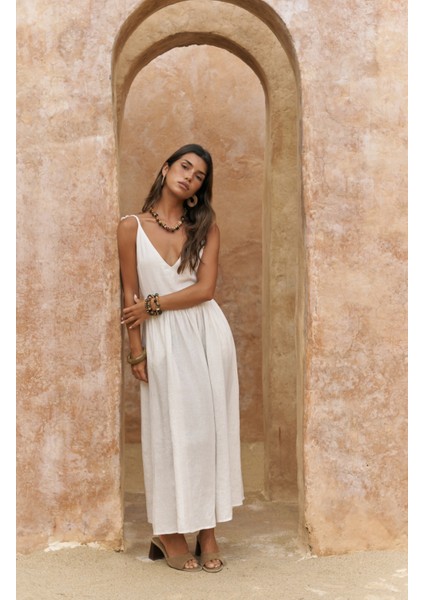 Eara Askılı Beyaz Uzun Keten Elbise