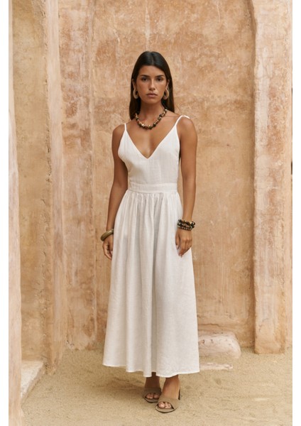 Eara Askılı Beyaz Uzun Keten Elbise fiyatları