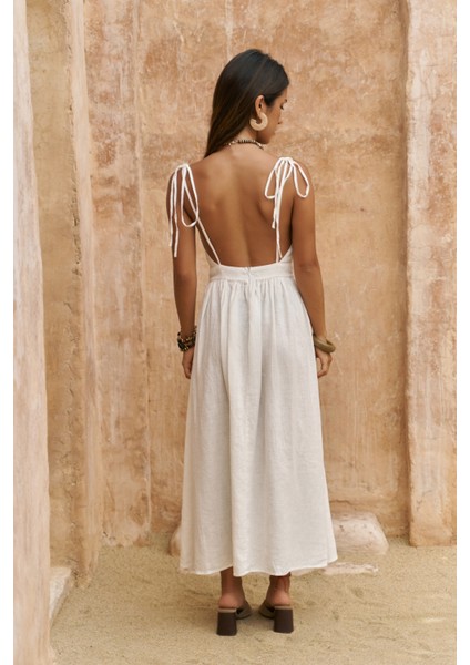 Eara Askılı Beyaz Uzun Keten Elbise fırsatları