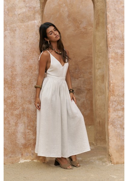Eara Askılı Beyaz Uzun Keten Elbise indirimleri
