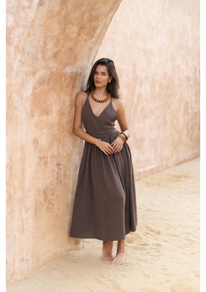 Eara Askılı Soft Kahve Uzun Keten Elbise