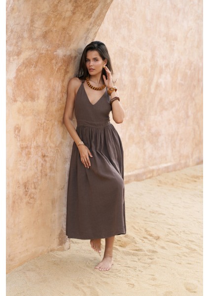 Eara Askılı Soft Kahve Uzun Keten Elbise fiyatları