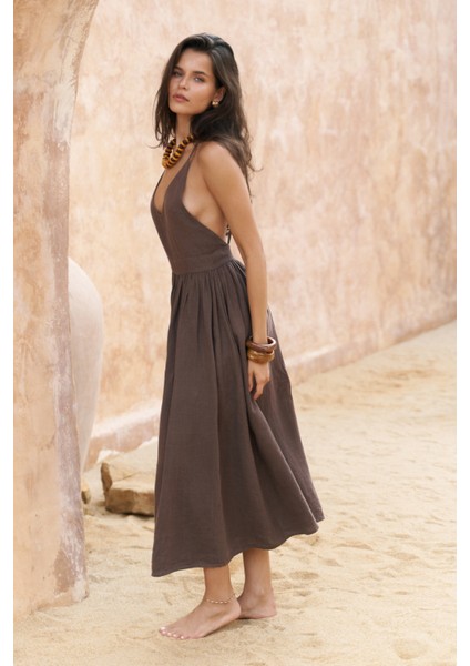 Eara Askılı Soft Kahve Uzun Keten Elbise modelleri