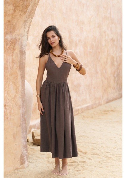 Eara Askılı Soft Kahve Uzun Keten Elbise fırsatları